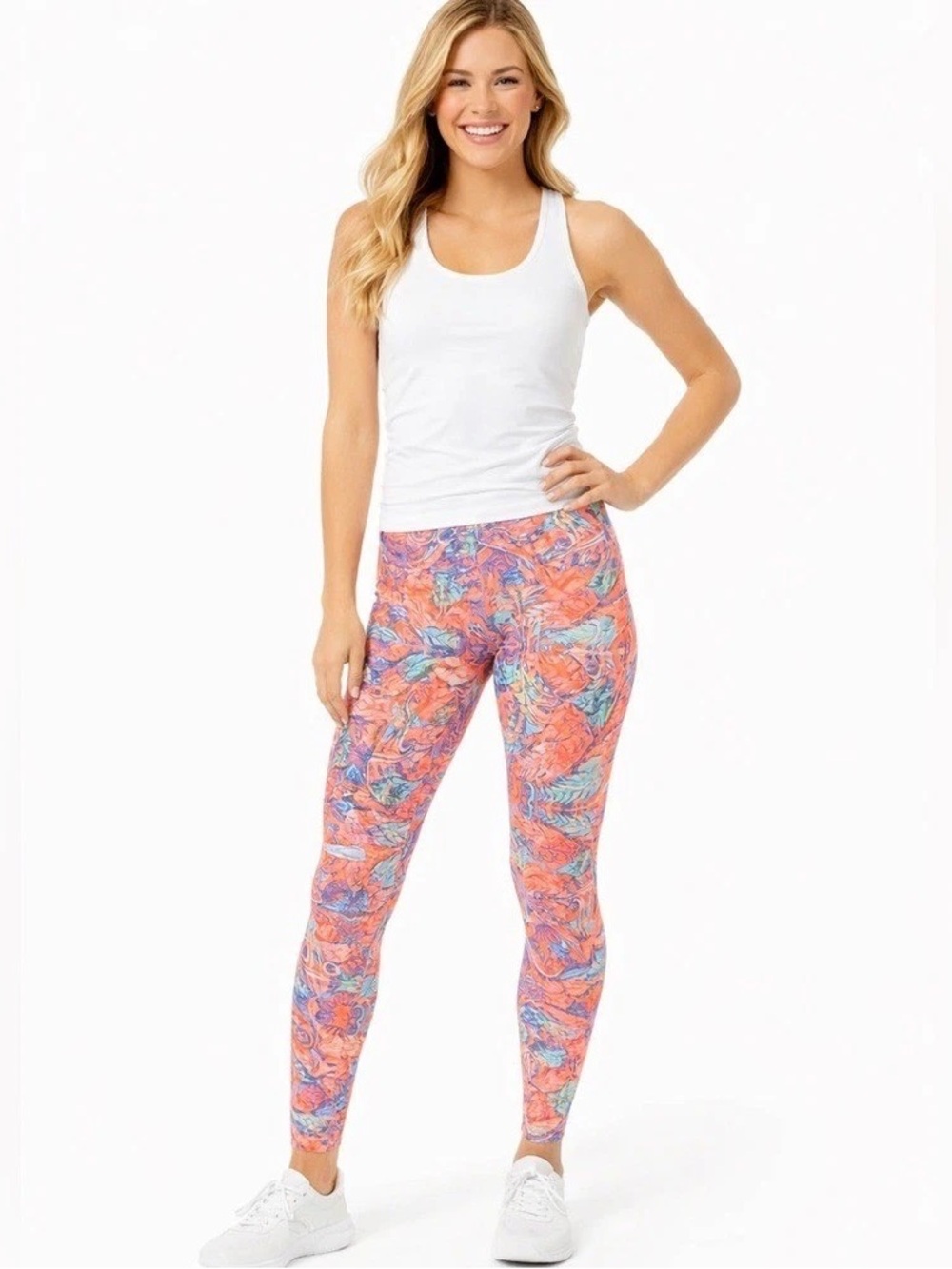 Liquido Coral & Blue Printed High-Waist Leggings